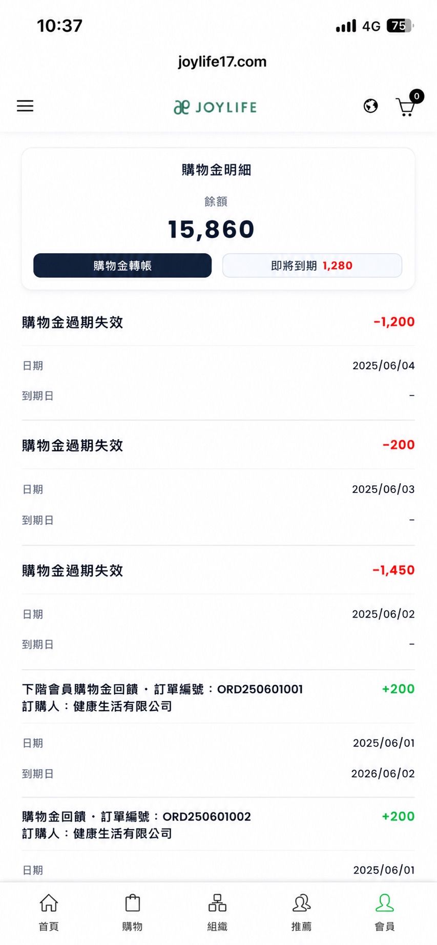 購物金明細手機畫面